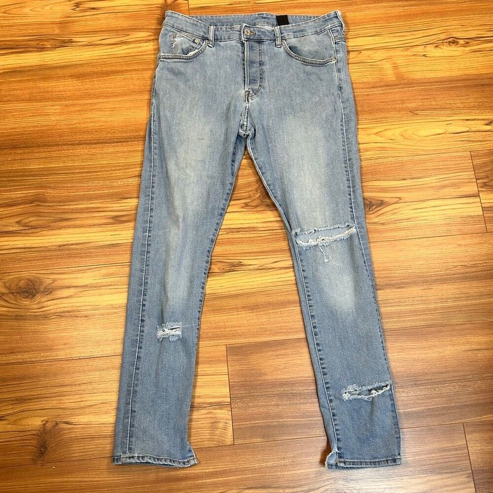 Mens 36 Skinny Distressed Ripped Jeans Light Wash Blue Stretch